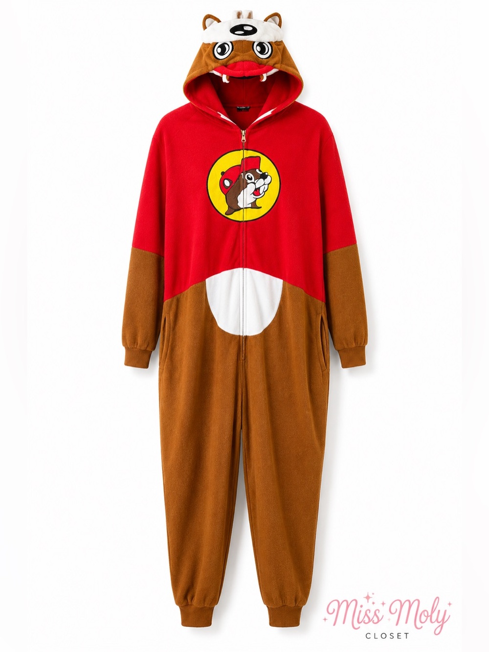 Buc-ee’s Fleece Hooded One Piece Pajama Onesie Costume L/XL Red Brown